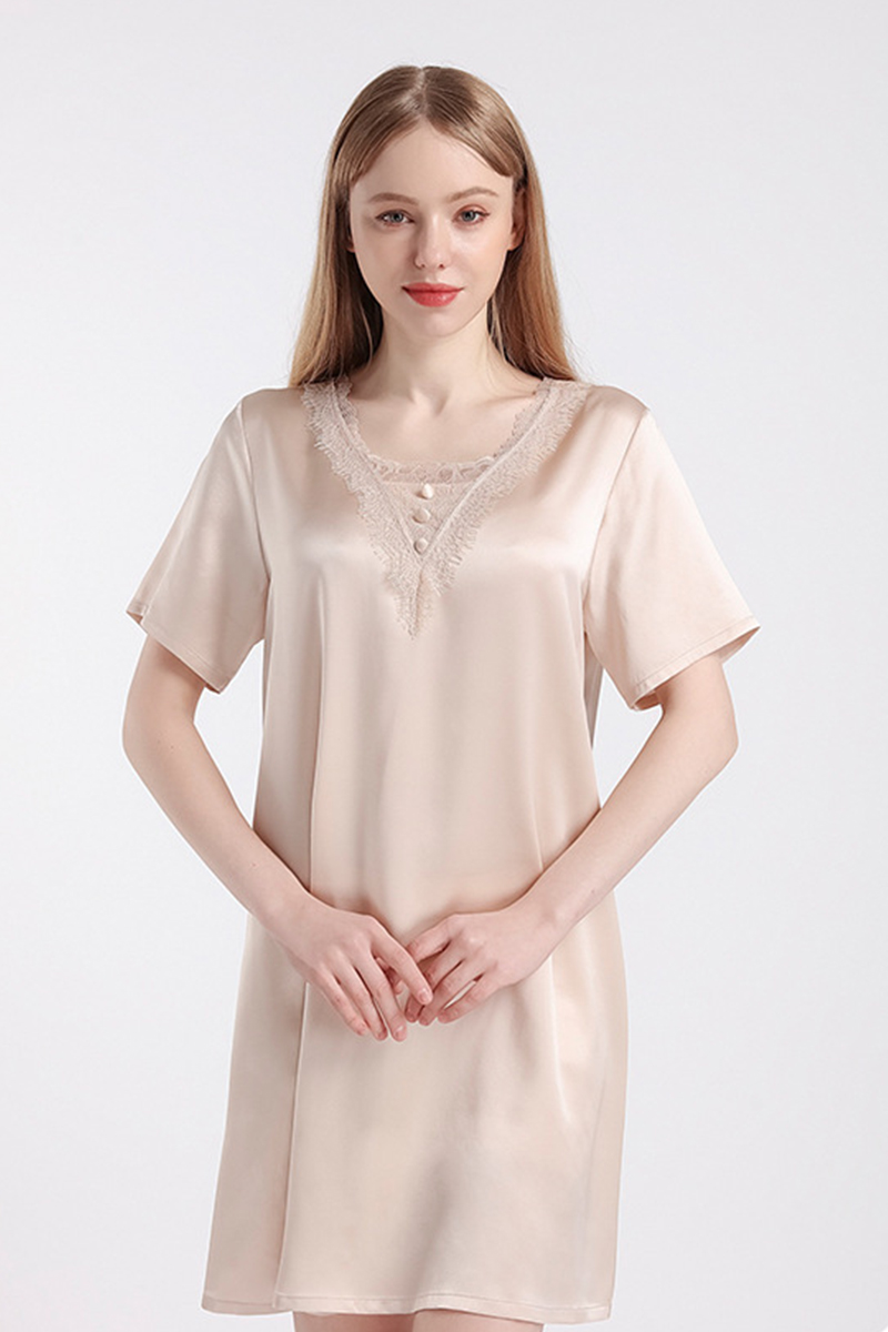 100% Mulberry Silk Short Sleeve Nightgown Lace Loose Fit  Dress