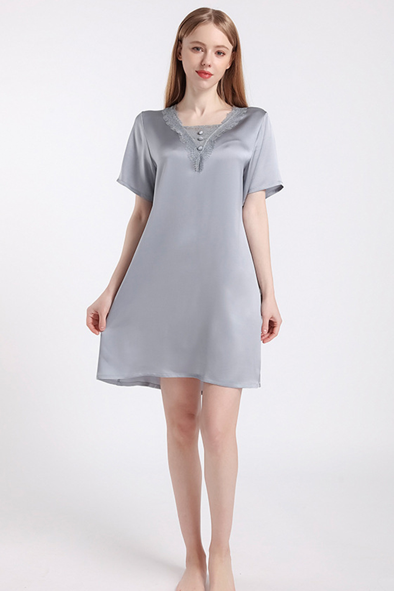 100% Mulberry Silk Short Sleeve Nightgown Lace Loose Fit  Dress