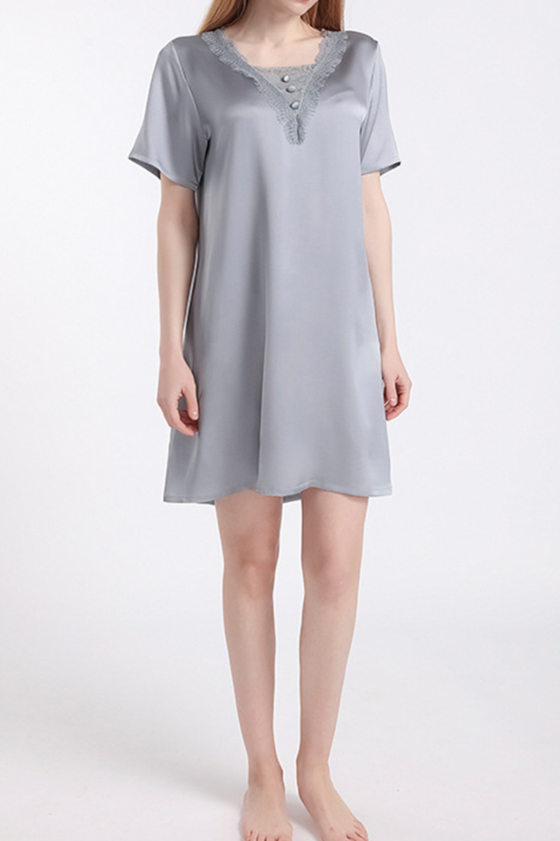 100% Mulberry Silk Short Sleeve Nightgown Lace Loose Fit  Dress