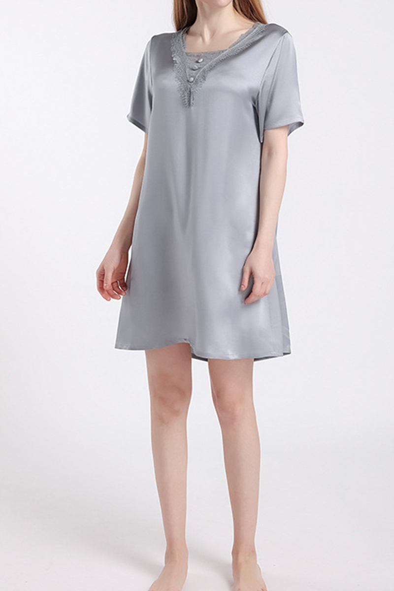 100% Mulberry Silk Short Sleeve Nightgown Lace Loose Fit  Dress