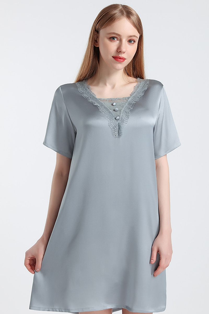 100% Mulberry Silk Short Sleeve Nightgown Lace Loose Fit  Dress