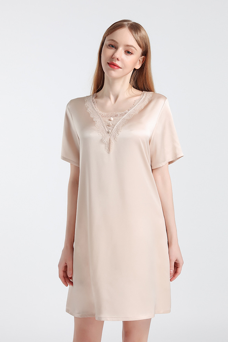 100% Mulberry Silk Short Sleeve Nightgown Lace Loose Fit  Dress