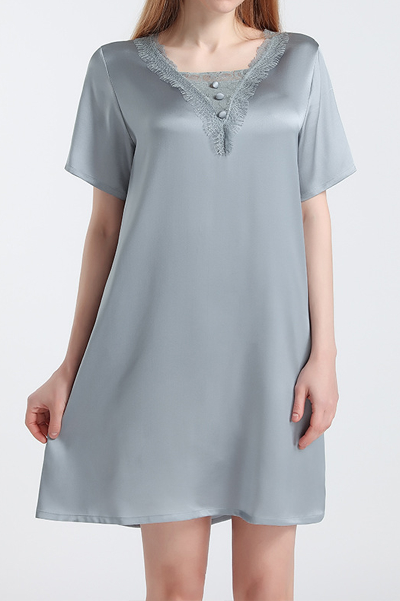 100% Mulberry Silk Short Sleeve Nightgown Lace Loose Fit  Dress