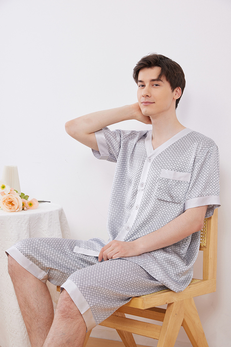 Men’s 100% Mulberry Silk Pajama Set Short Sleeve Sleepwear & Lightweight Summer Loungewear Set