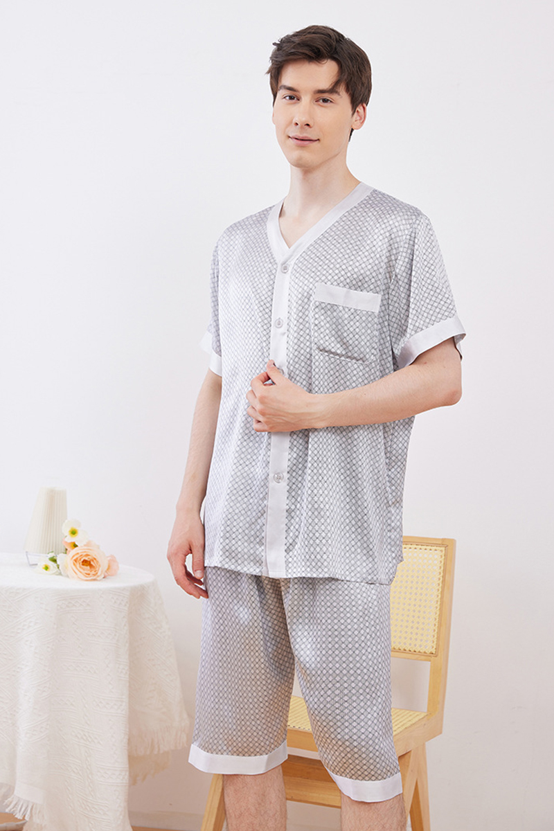 Men’s 100% Mulberry Silk Pajama Set Short Sleeve Sleepwear & Lightweight Summer Loungewear Set