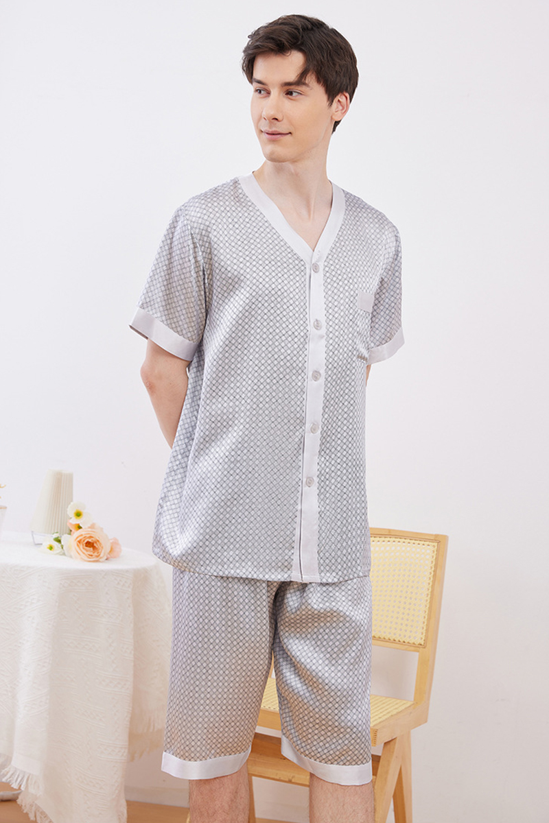 Men’s 100% Mulberry Silk Pajama Set Short Sleeve Sleepwear & Lightweight Summer Loungewear Set