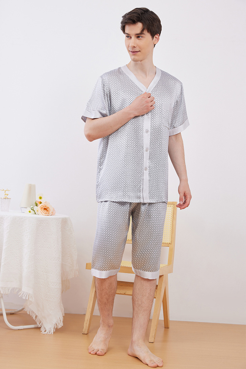 Men’s 100% Mulberry Silk Pajama Set Short Sleeve Sleepwear & Lightweight Summer Loungewear Set