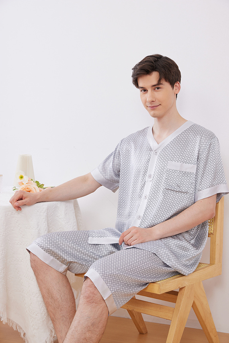 Men’s 100% Mulberry Silk Pajama Set Short Sleeve Sleepwear & Lightweight Summer Loungewear Set
