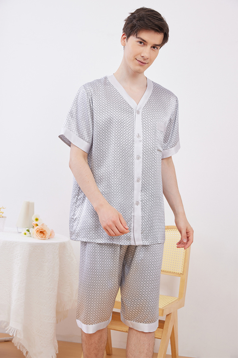 Men’s 100% Mulberry Silk Pajama Set Short Sleeve Sleepwear & Lightweight Summer Loungewear Set