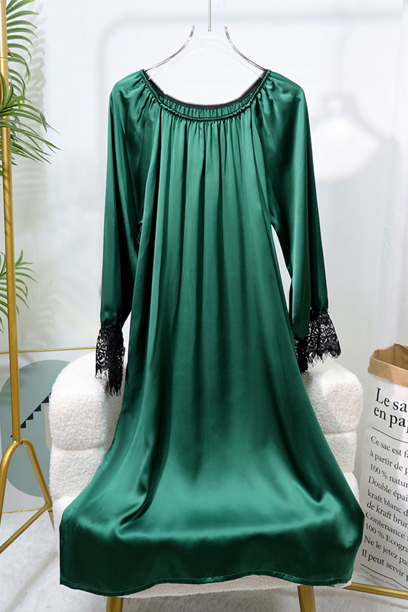 100% Mulberry Silk Plus Size Silk Nightgown Green Luxury Loose Fit Loungewear Dress