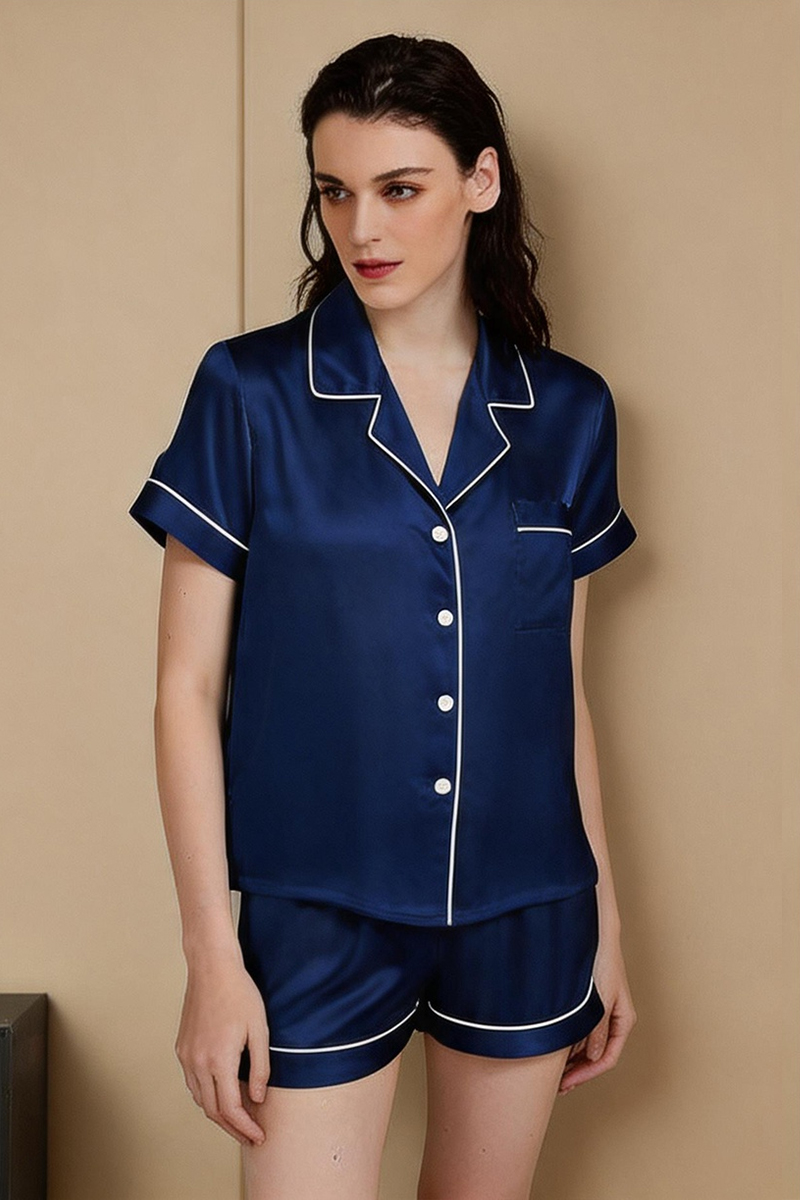 19MM 100% Mulberry Silk Pajama Set Women Short Sleeve Shorts Sleepwear