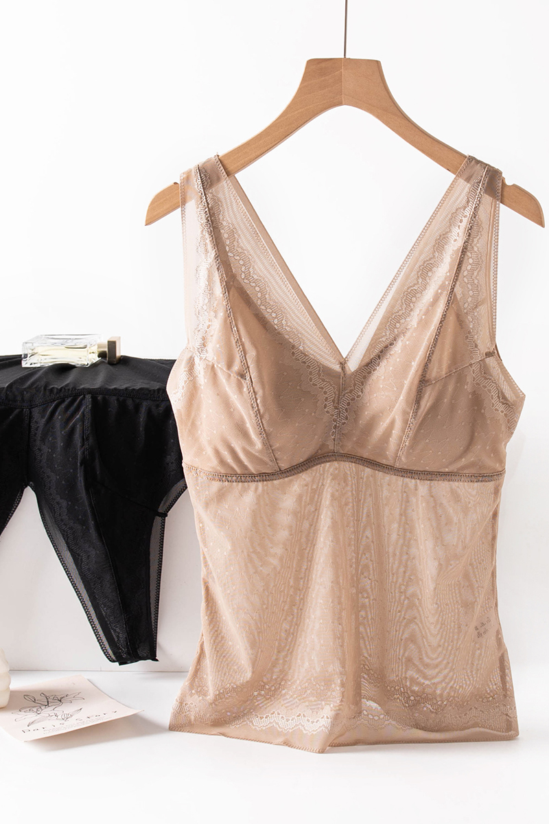 Silkisi Sexy V-Neck Mulberry Silk Camisole Slim Fit Lace Trim 2-in-1 Tank Top with Built-In Bra Cups