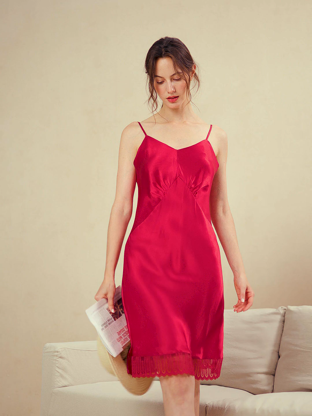 100% Mulberry Silk V-Neck Lace Spliced Slip Nightgown
