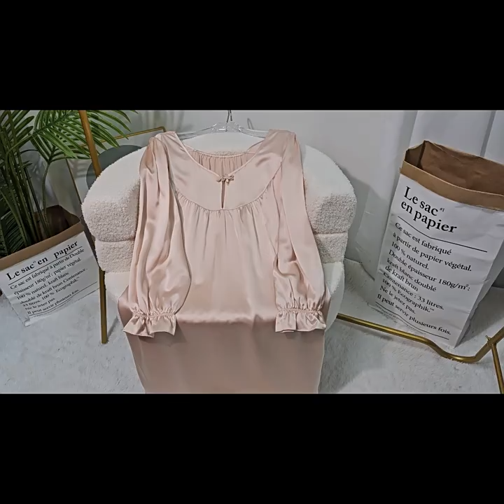 19mm Heavy 100% Mulberry Silk Nightgown Loose Solid Color Chinese Style Long Sleeve Dress