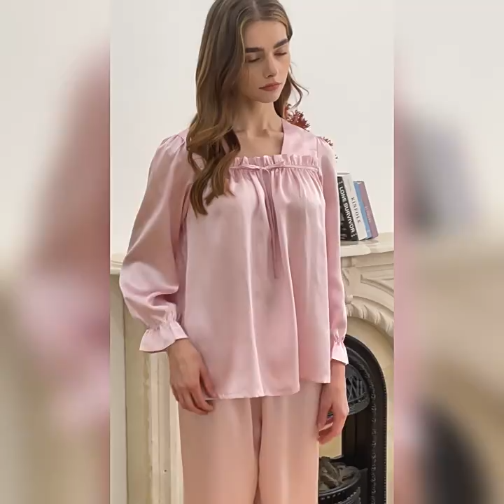 19 Momme Heavy 100% Mulberry Silk Pajama Set Loose Square Neck Lantern Long Sleeve Top & Pants Loungewear