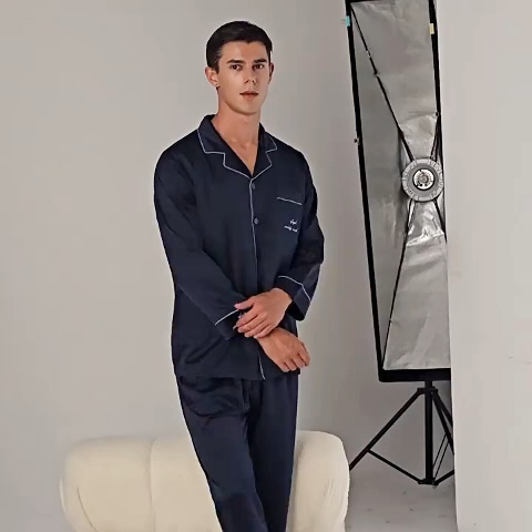 Men's 22 Momme Heavy Stretch 92% Mulberry Silk Pajama Set Long Sleeve Top & Long Pants Luxury Loungewear