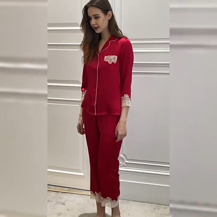 19 Momme Heavy 100% Mulberry Silk Pajama Set Lace Trim Silky Smooth Luxury Women Loungewear