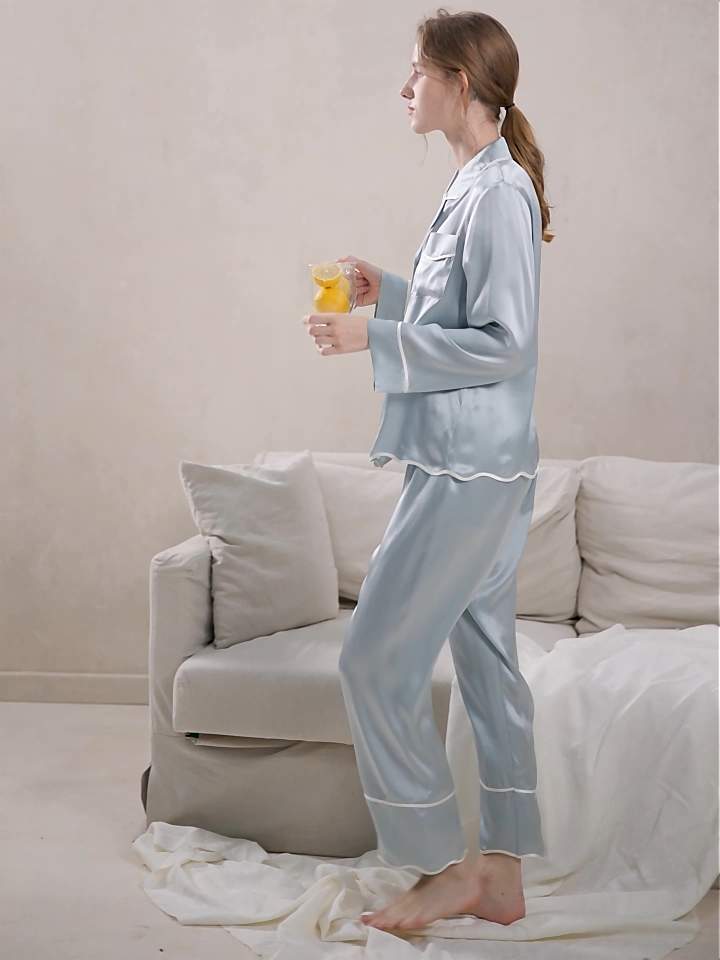 100% Mulberry Silk Long Sleeve 2-Piece Set Luxury Pajama Set