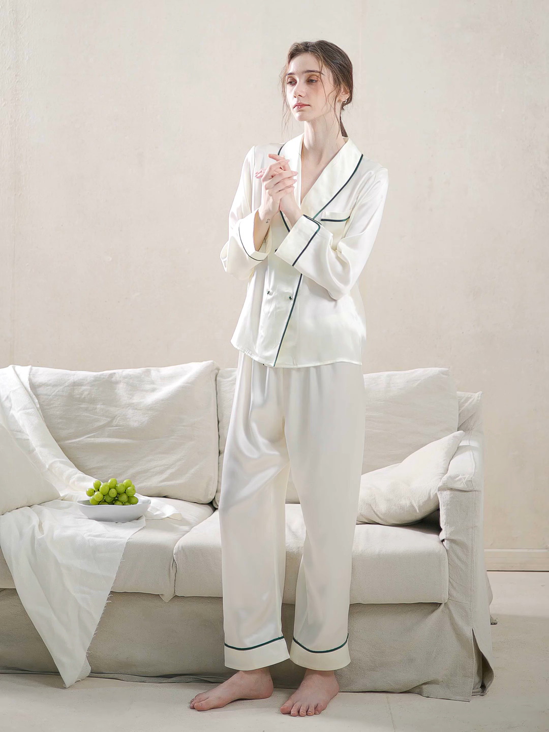 100% Mulberry Silk Vintage Minimalist Pajama Set Long Sleeve & Pants for Women