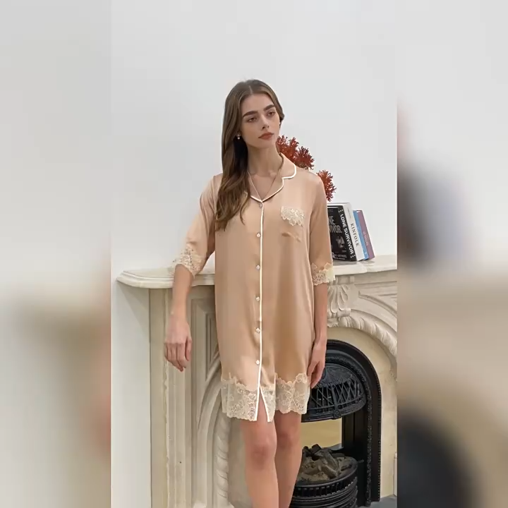 19 Momme 100% Heavy Mulberry Silk Nightgown 3/4 Sleeve Silky Nightshirt