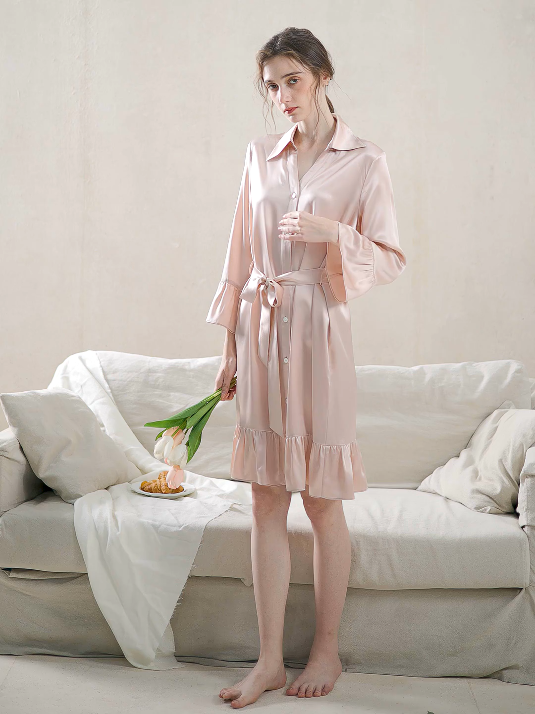 100% Mulberry Silk Nine-point Flare Sleeve Nightgown Luxury Women Nightshirt