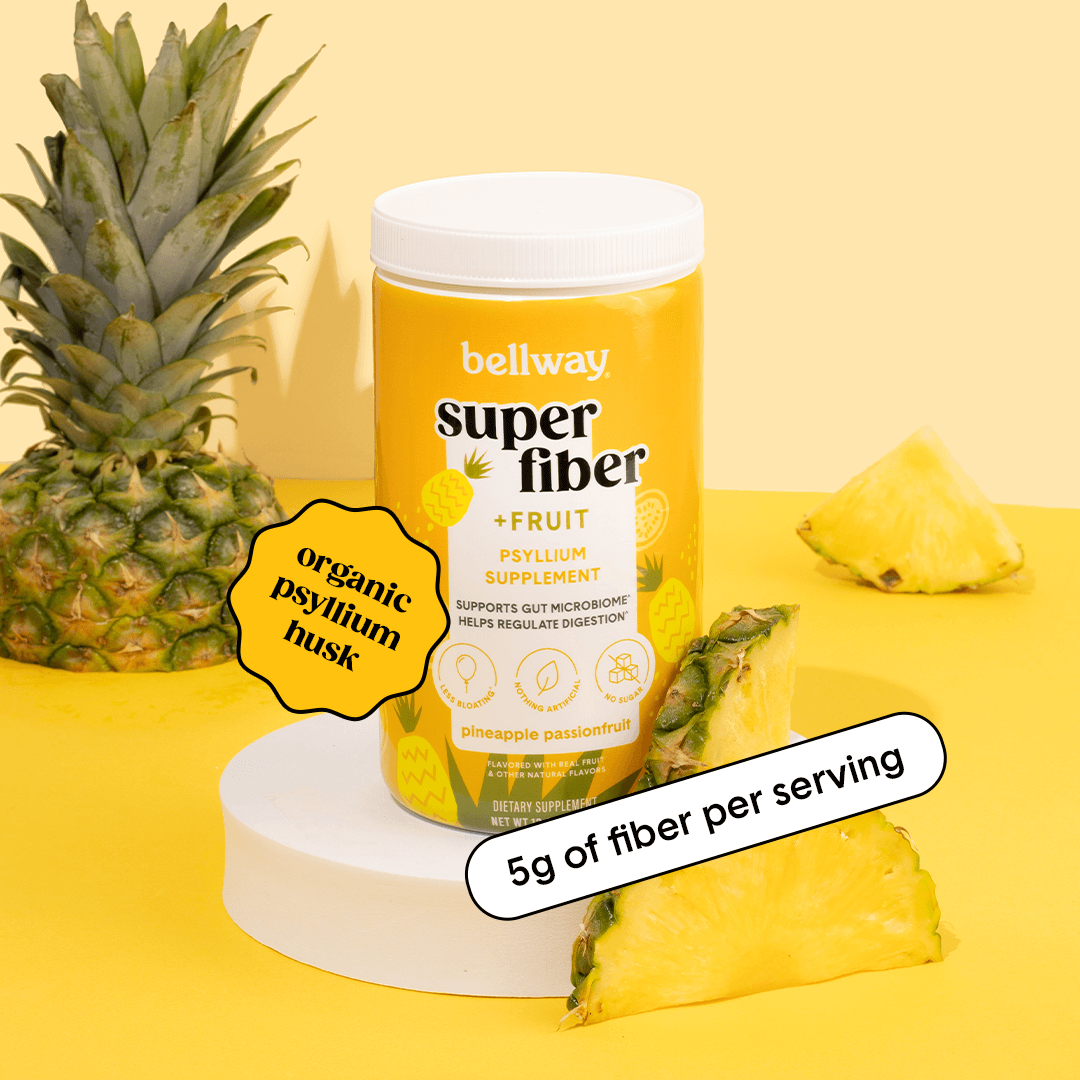 A SUPERFIBER + Fruit pineapple passionfruit tub carrying the organic psyllium husk sticker