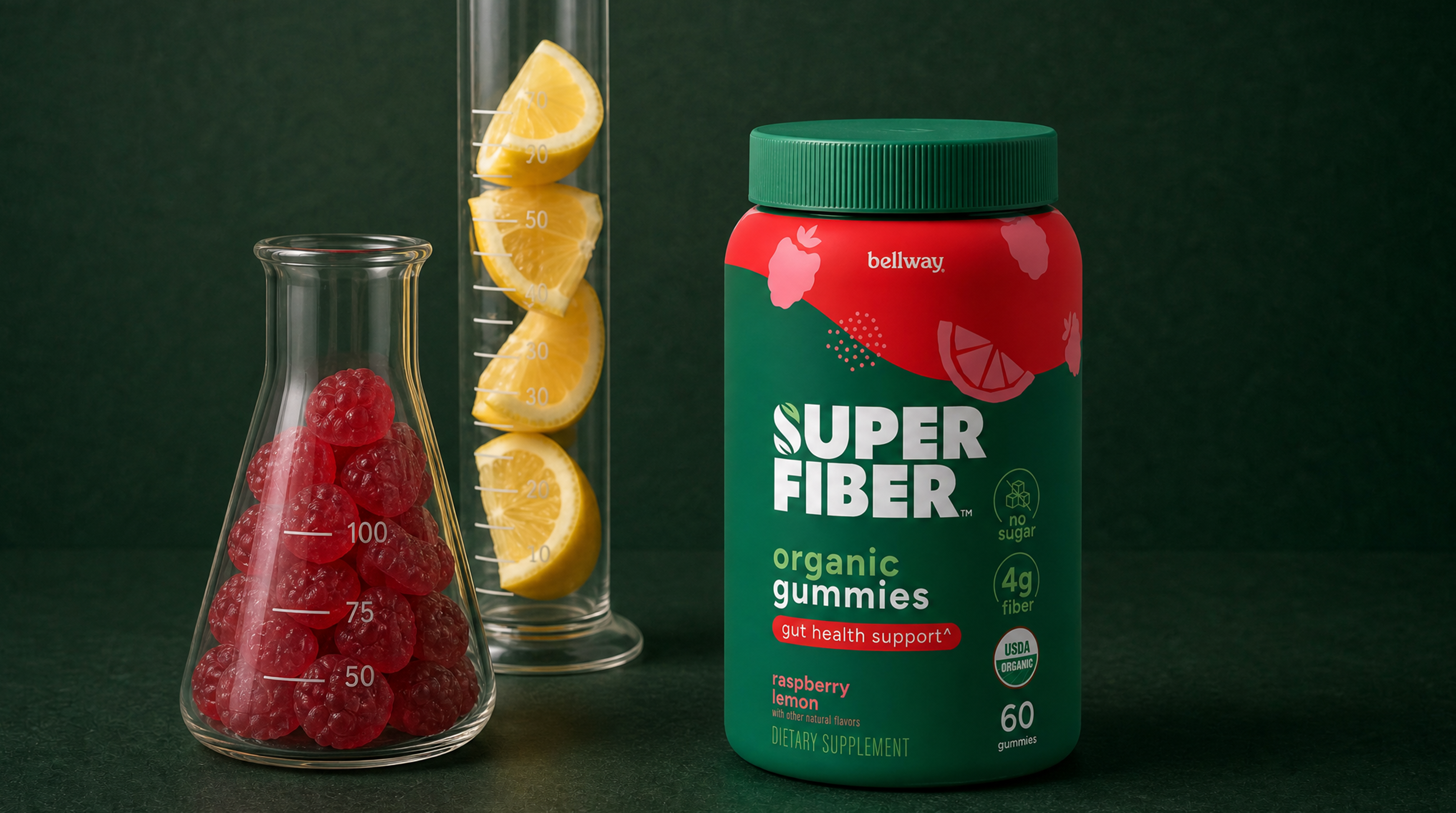 An Organic Super Fiber gummy among fresh strawberries