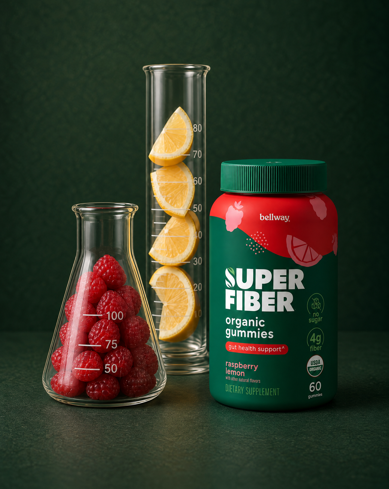 A SUPERFIBER Gummies bottle with loose gummies beside it