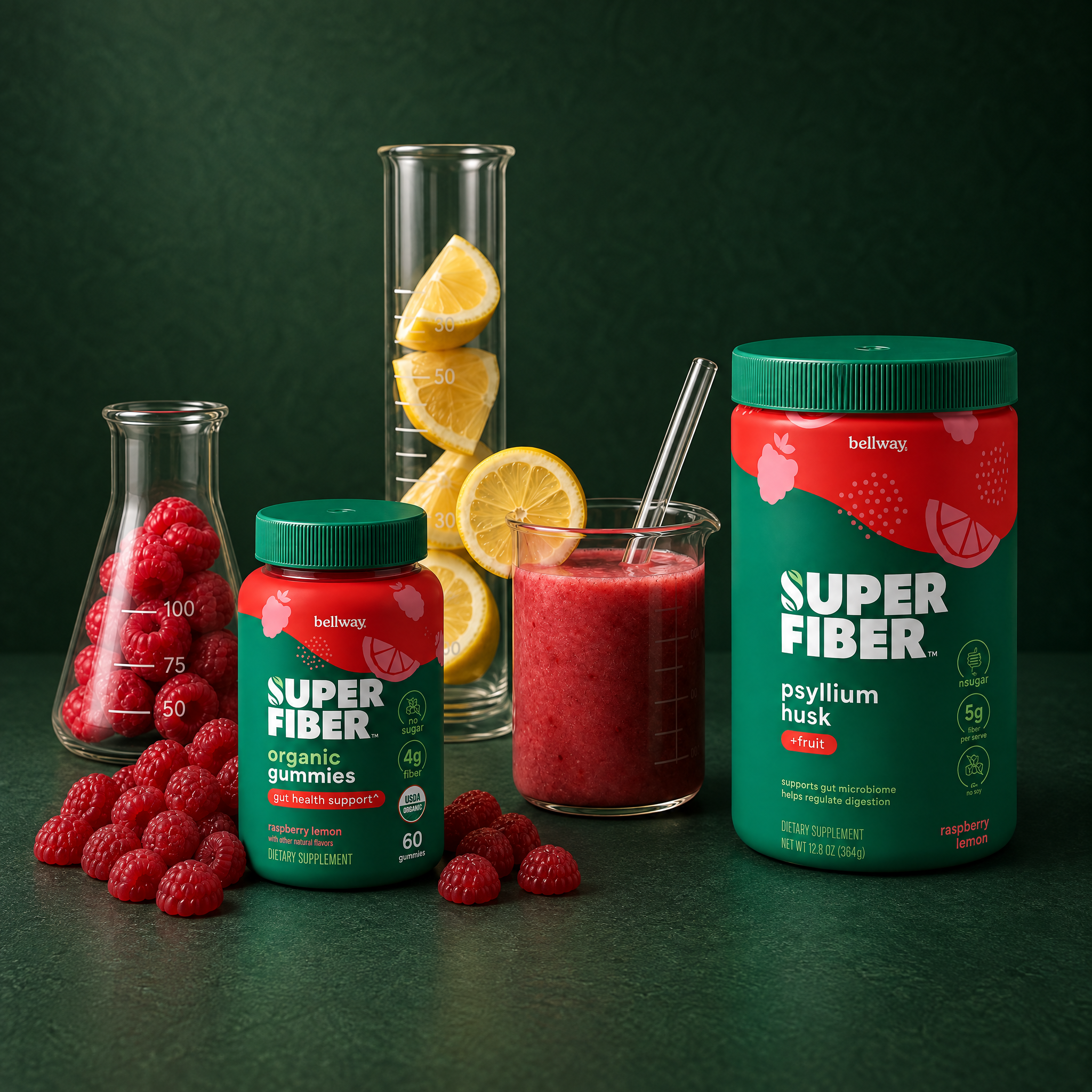 Three Bellway Super Fiber tubs with fresh fruit and greens