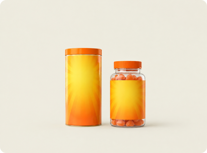 A conventional fiber tub beside a capsule bottle