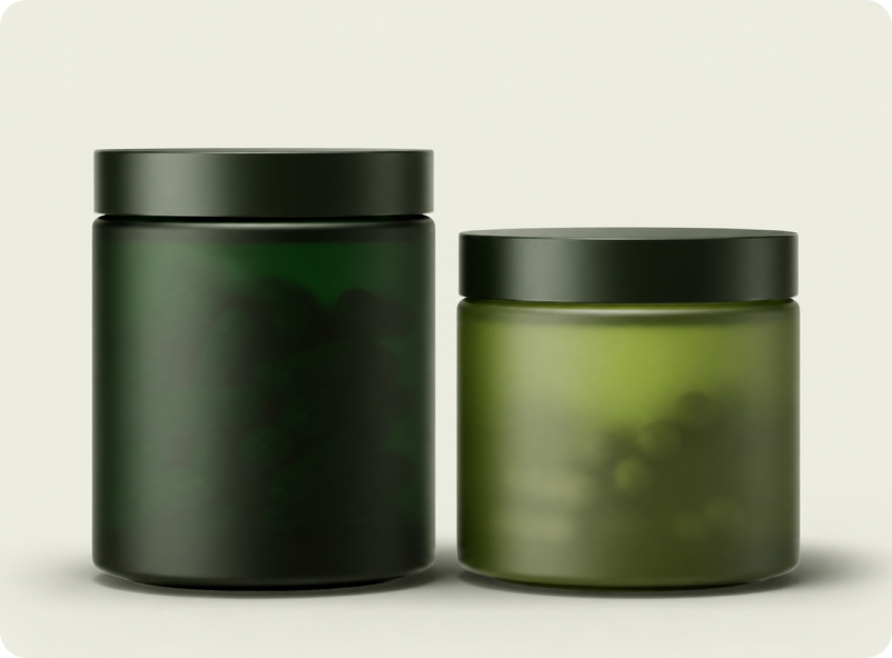 A probiotic capsule jar beside a supplement bottle
