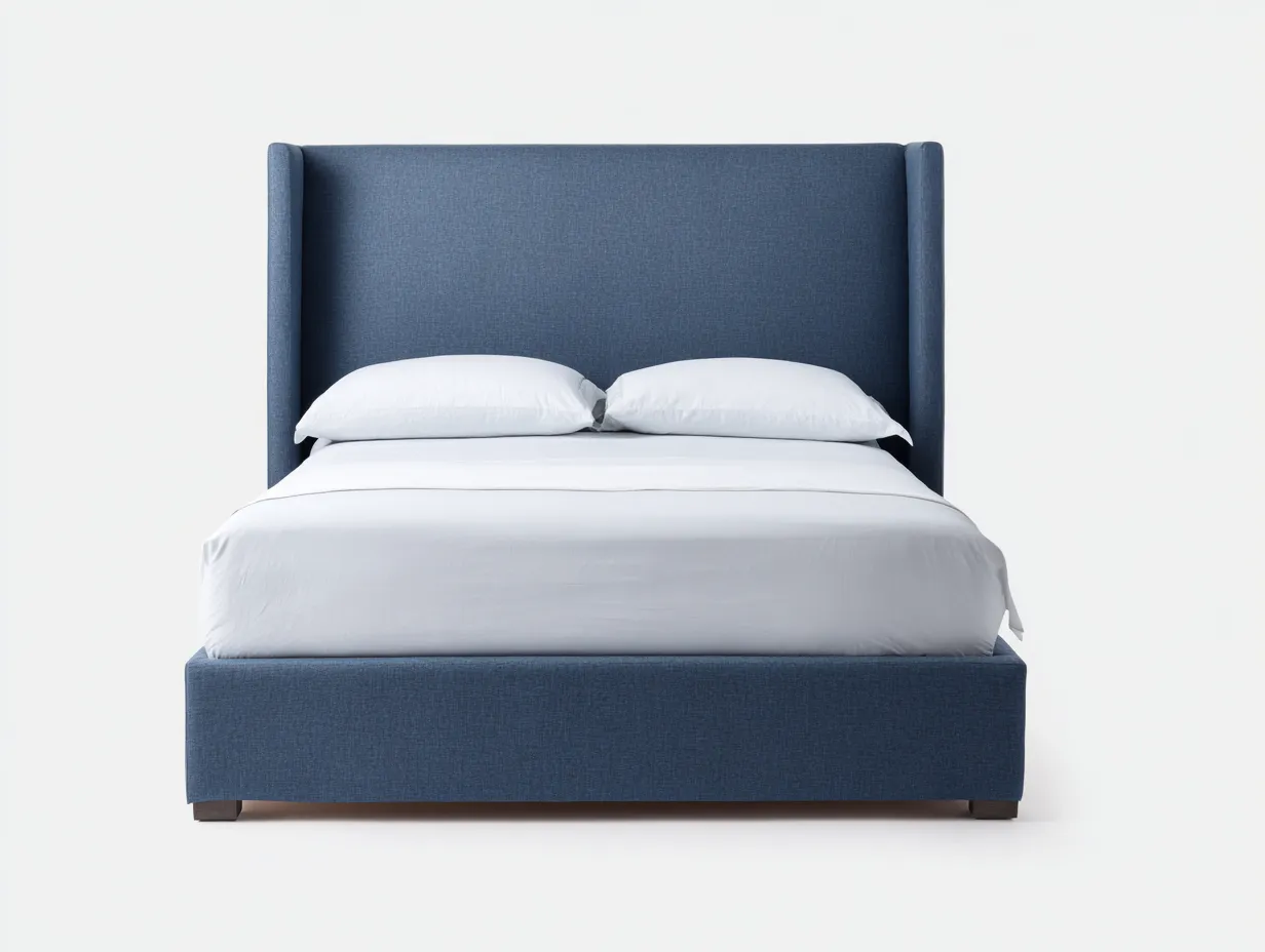 Cama doble 210x170x125 cm - azul índigo y gris oscuro - estilo contemporáneo - cabecero alto envolvente con base tapizada de líneas rectas