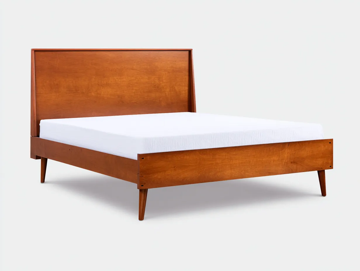 Cama doble 213x172x108 cm - cerezo cálido - estilo moderno - cabecero amplio con estructura recta y patas cónicas elevadas