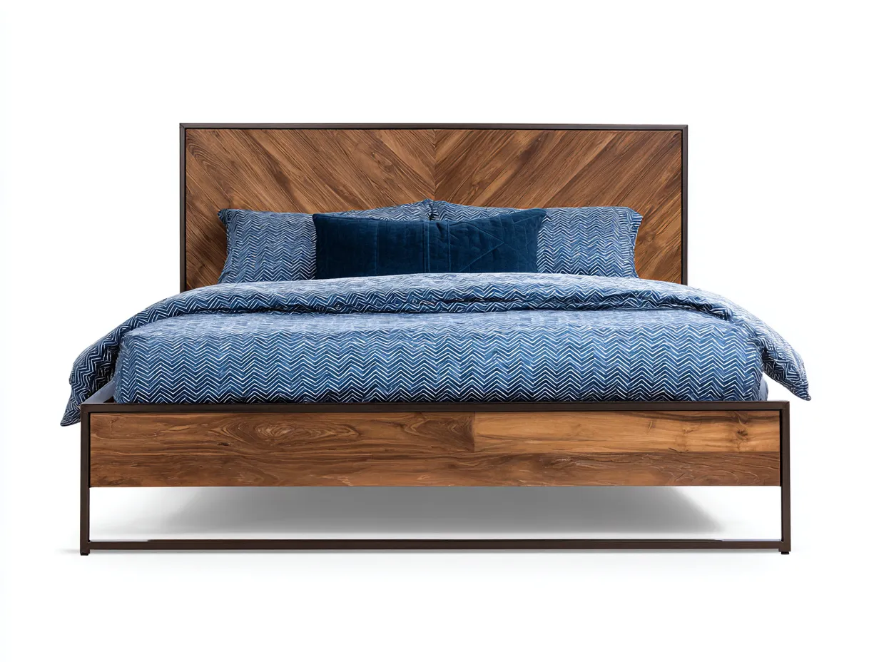 Cama doble de dormitorio 205x168x112 cm - nogal y negro - estilo moderno - cabecero geométrico con base de líneas limpias