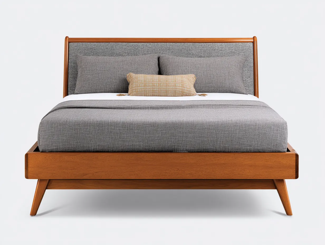 Cama doble 214x170x111 cm - nogal medio y gris topo - estilo moderno - cabecero tapizado con marco curvo y base elevada de inspiración actual