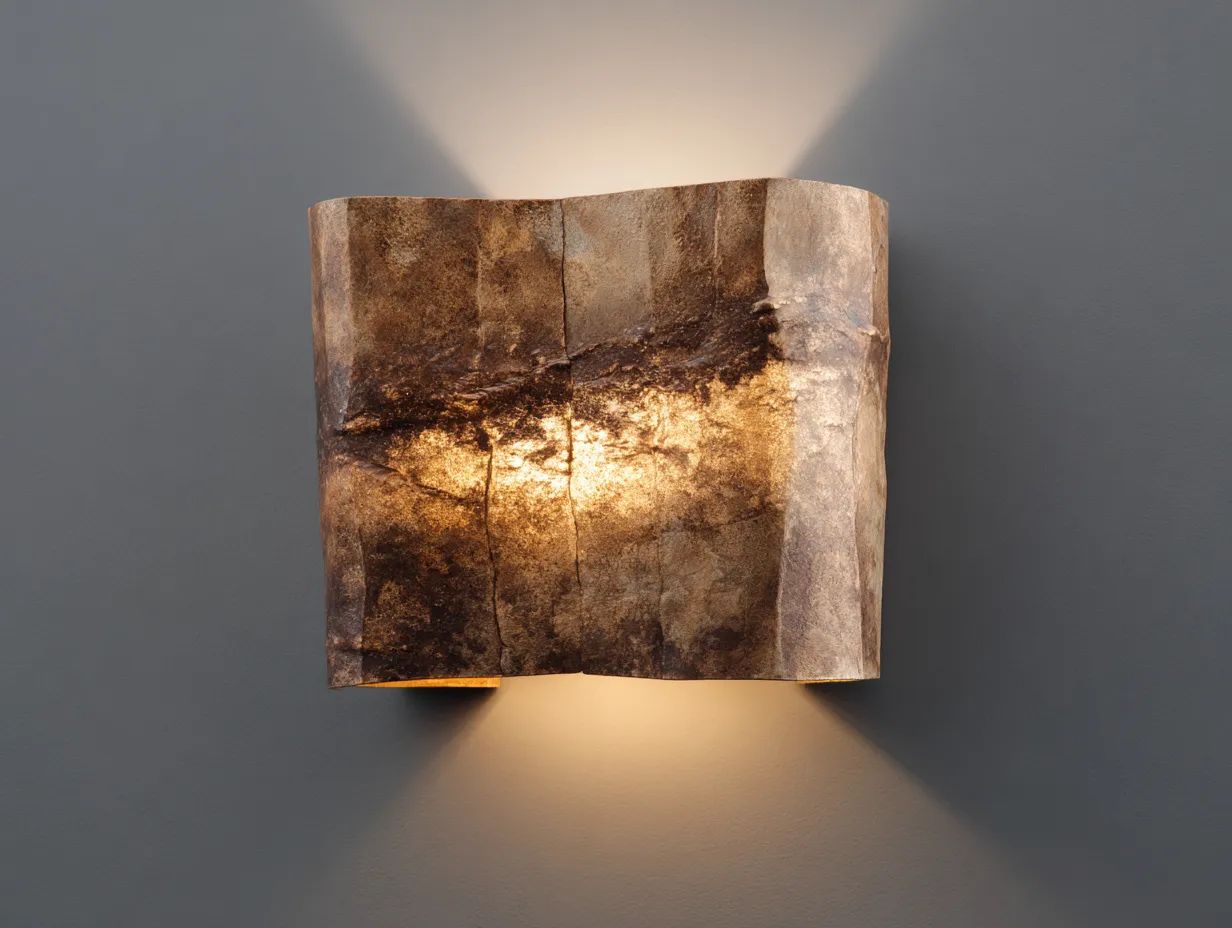 Aplique de pared 24x11x26 cm - marrón piedra y ámbar cálido - para exterior - diseño orgánico con superficie texturizada y luz bidireccional