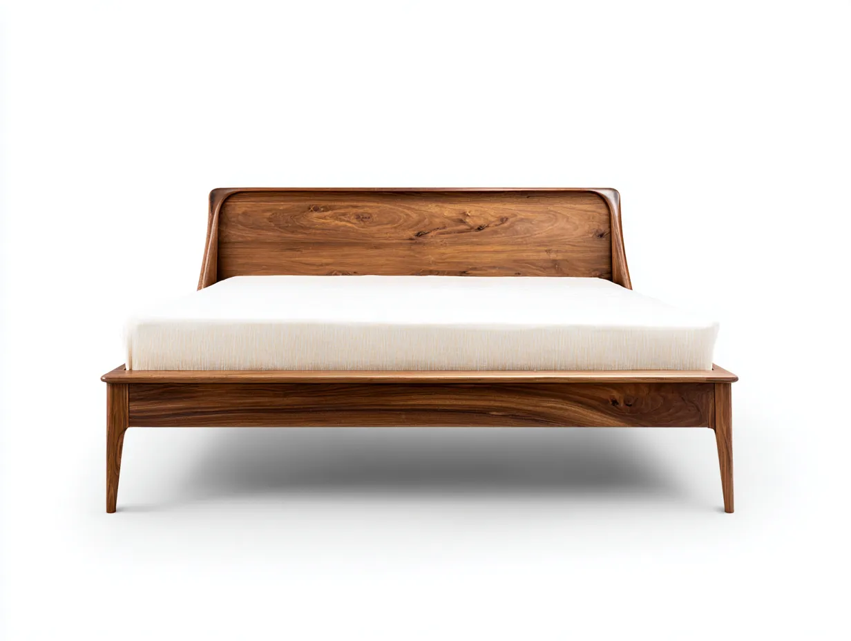 Cama doble 214x168x102 cm - nogal cálido - estilo moderno - cabecero curvado con estructura ligera y líneas depuradas