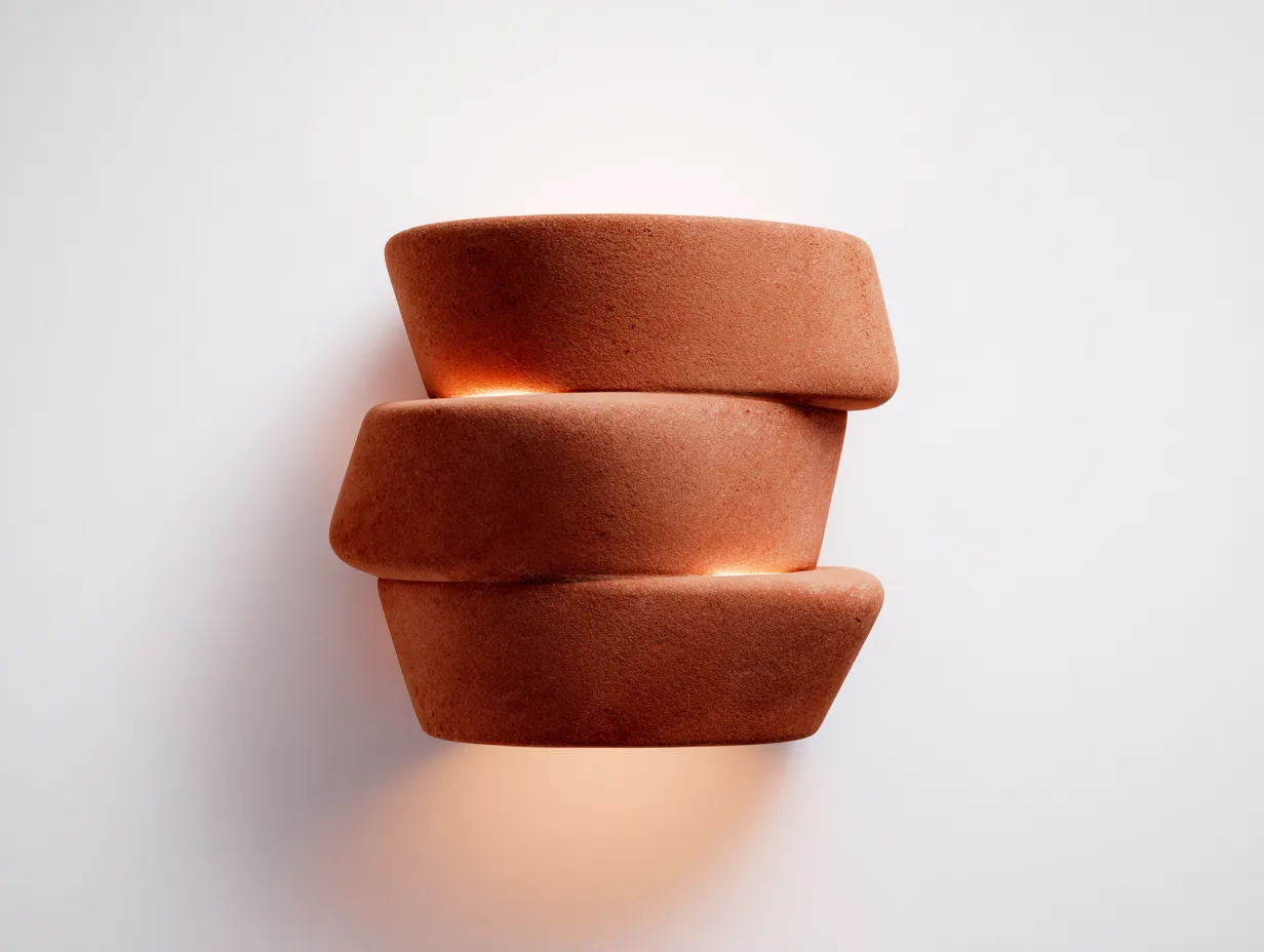 Aplique de pared 23x14x28 cm - terracota y ámbar cálido - para exterior - diseño escultórico apilado con luz ambiental y volumen orgánico