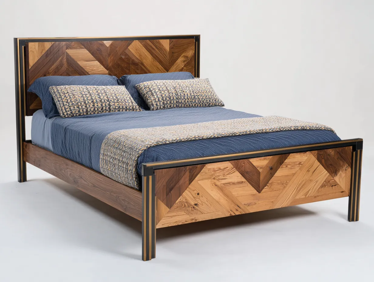 Cama doble 216x174x121 cm - nogal envejecido y negro - estilo moderno - cabecero geométrico con paneles decorativos y estructura definida