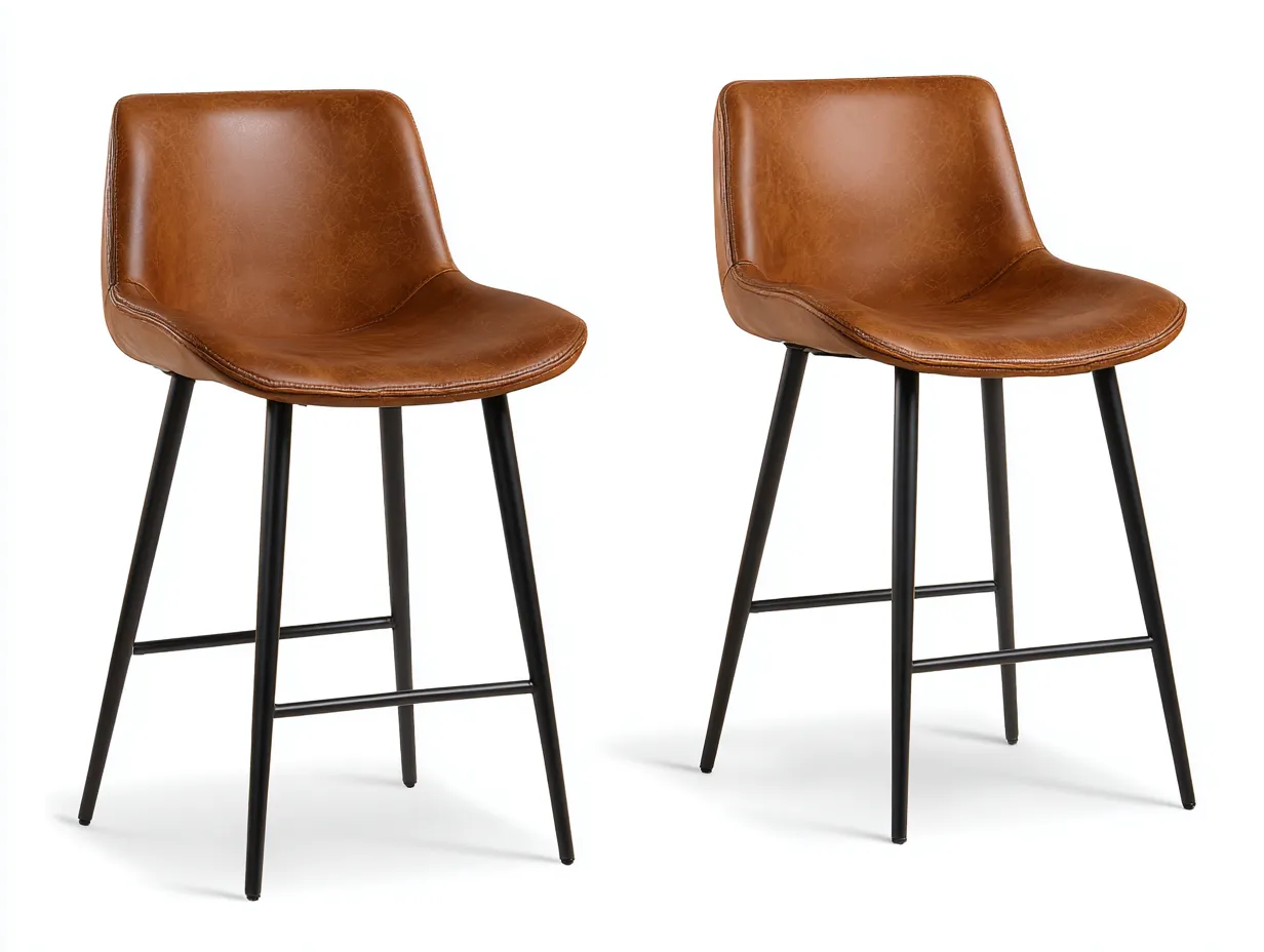 Taburetes de bar 48x52x101 cm - tapizado marrón efecto cuero y patas metálicas negras - diseño moderno para comedor