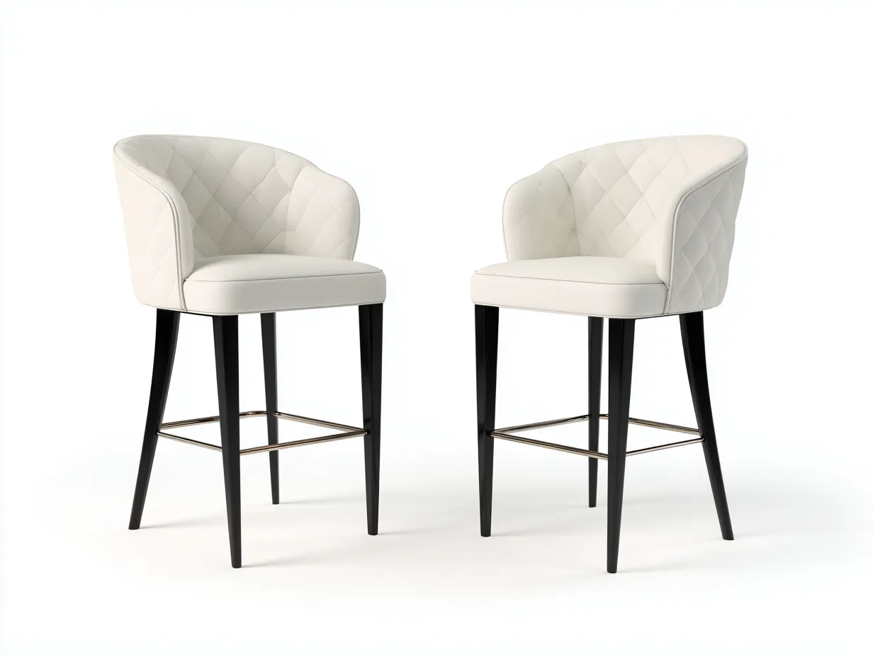Taburetes de bar 52x56x101 cm - tapizado acolchado blanco y patas negras - diseño envolvente capitoné para cocina y barra