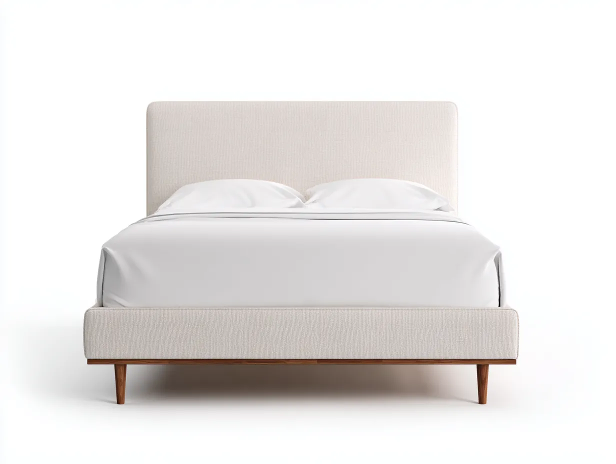 Cama doble 209x165x110 cm - beige claro y madera nogal - estilo moderno - cabecero tapizado con base elevada y patas cónicas