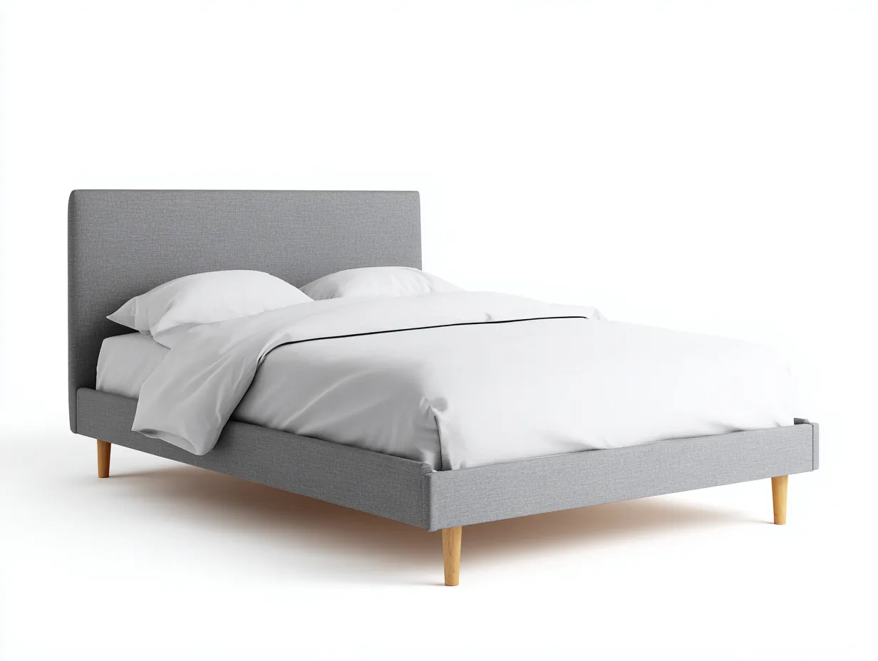 Cama doble 208x164x108 cm - gris claro y madera natural - estilo moderno - cabecero tapizado con base de líneas limpias