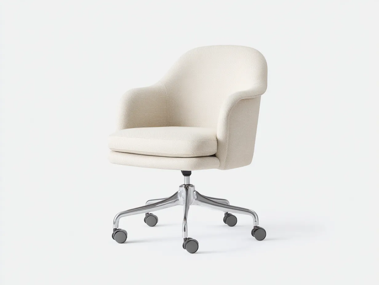 Silla de oficina con ruedas - 64x66x88 cm - marfil y plata - estilo moderno - asiento envolvente con respaldo curvo y base metálica de cinco apoyos