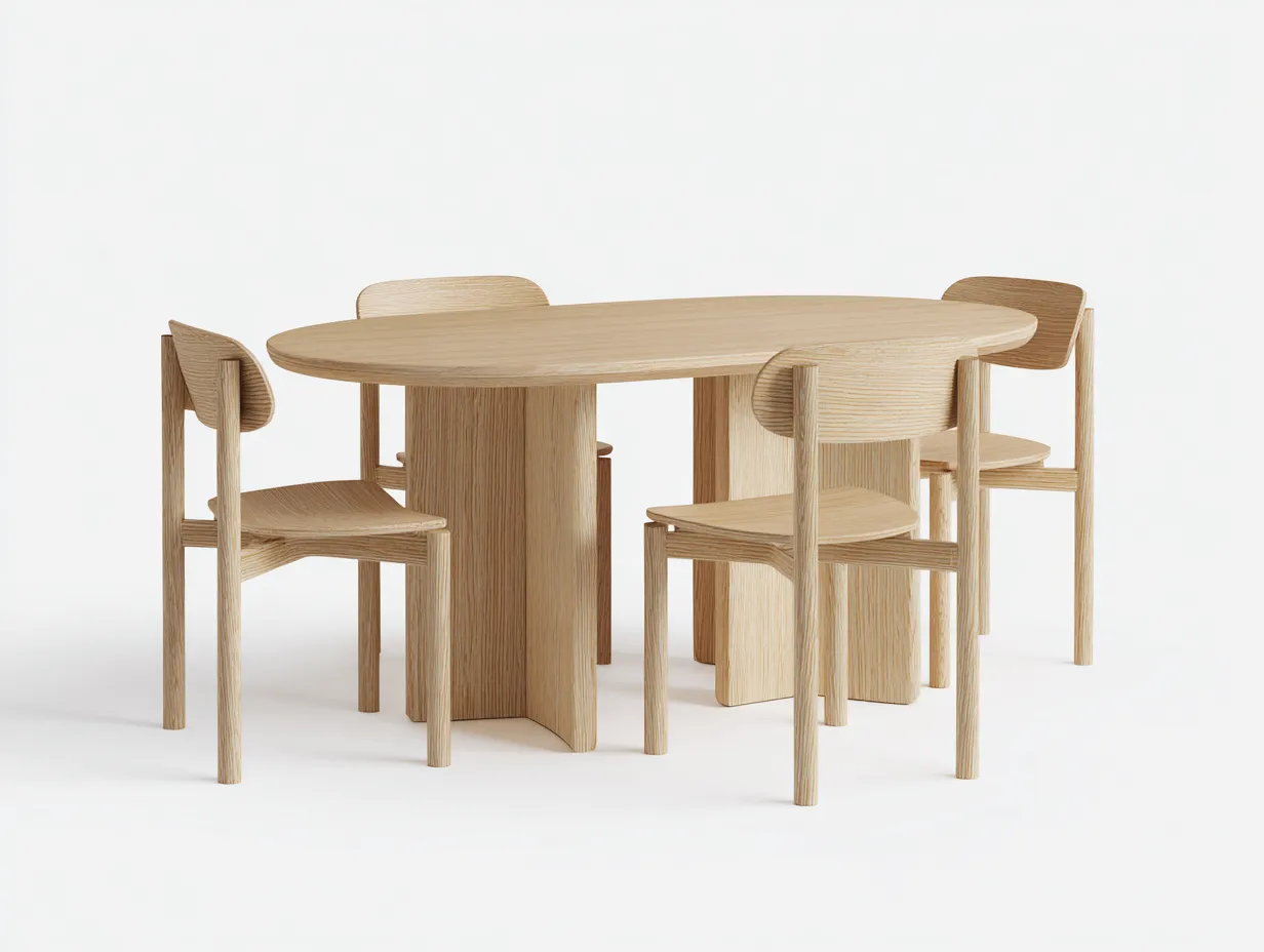 Conjunto de mesa y sillas - mesa 160x95x75 cm - roble claro - mesa ovalada con 4 sillas para comedor - estilo nórdico contemporáneo
