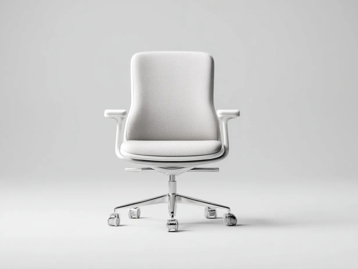 Silla ergonómica de oficina - 62x64x92 cm - blanco y plateado - estilo contemporáneo - respaldo acolchado con reposabrazos integrados y base giratoria con ruedas