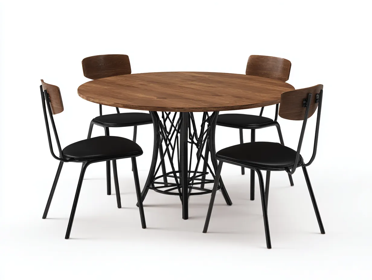 Conjunto de mesa y sillas - mesa 120x120x75 cm - marrón oscuro y negro - mesa redonda con 4 sillas para comedor - estilo industrial moderno