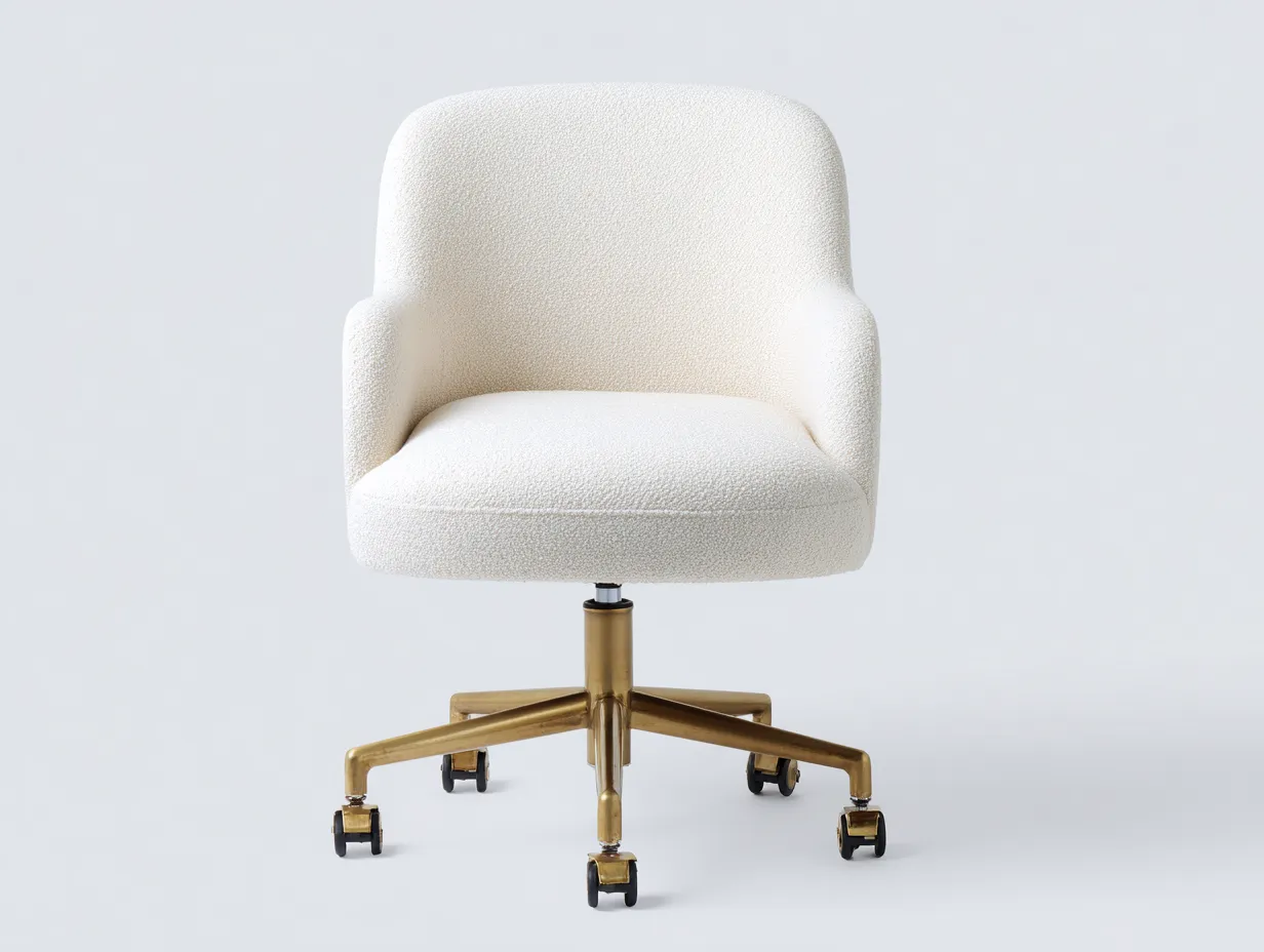 Silla giratoria de oficina - 62x64x97 cm - blanco roto y dorado - estilo contemporáneo - respaldo envolvente con base metálica de cinco ruedas y diseño acolchado