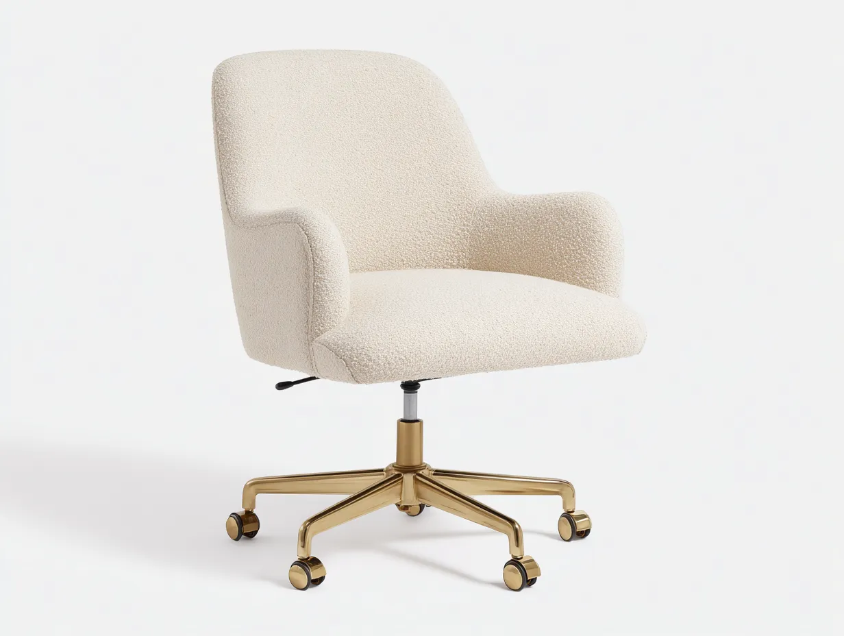 Silla giratoria de oficina - 64x66x89 cm - crema y dorado - estilo contemporáneo - respaldo envolvente con laterales integrados y base metálica de cinco ruedas