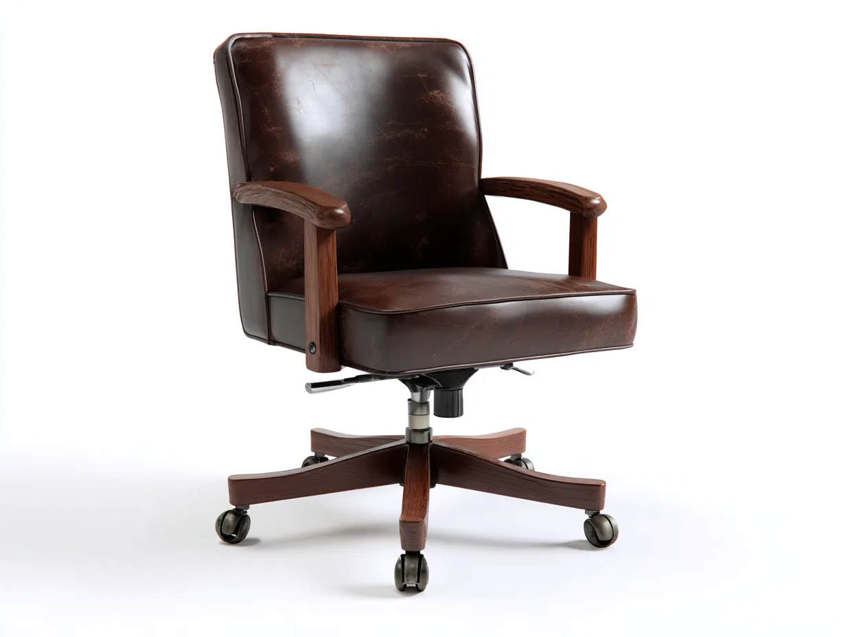 Silla ejecutiva de oficina - 67x71x112 cm - marrón oscuro y nogal - estilo clásico contemporáneo - respaldo alto con reposabrazos de madera y base giratoria con ruedas